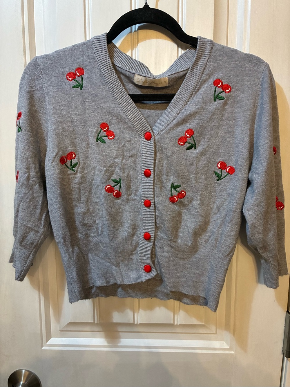 Embroidered Cherry V-Neck Cardigan Sweater in Gray